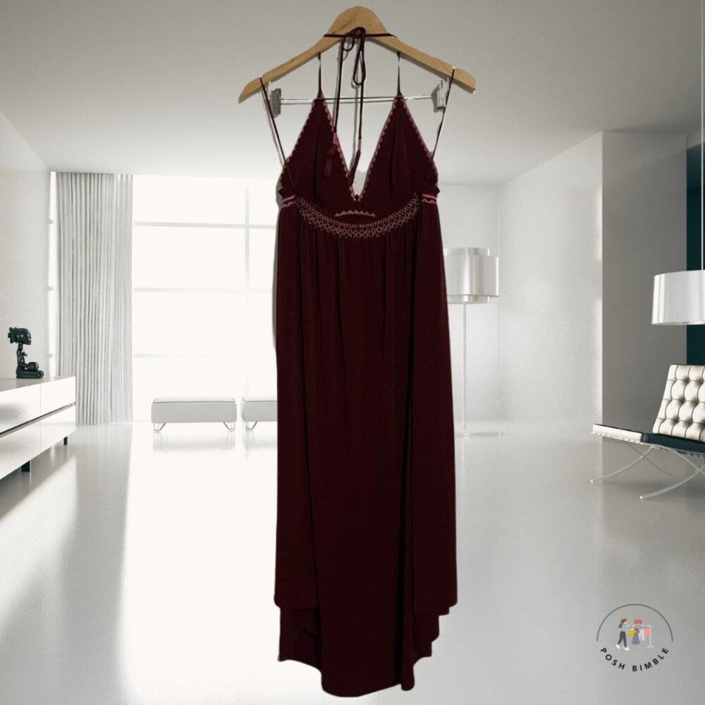 Express Burgundy Halter Maxi Dress with Pink Trim | Size Medium - Picture 4 of 14